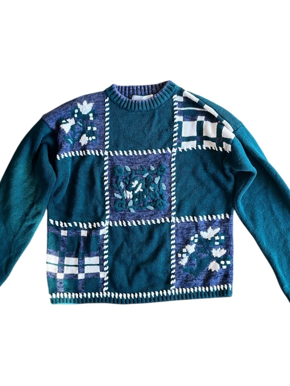 Green Patchwork Textured Knit Sweater